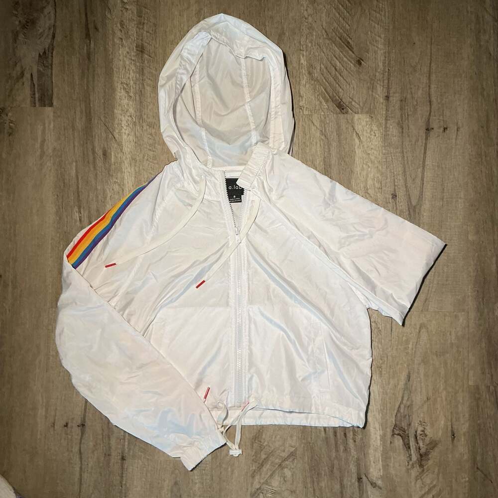 A.Lab‎ Cropped Windbreaker Hoodie Size S White Rainbow Stripe Lightweight